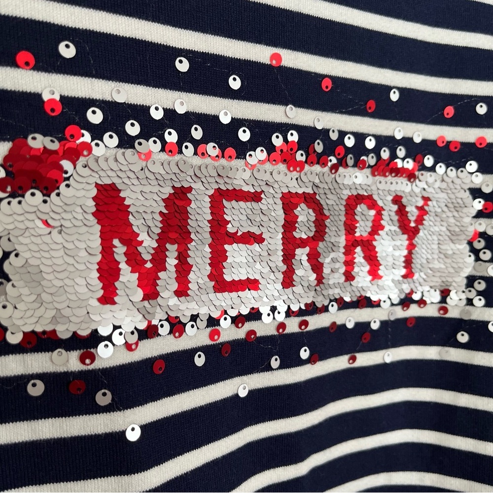 Joules Harbour Luxe Stripe Sequin “Merry” Cotton Long Sleeve Holiday Top Small - Picture 2 of 7